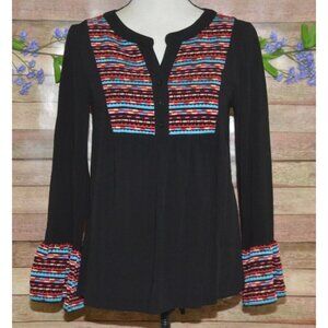 Andree By Unit Ladies S Black Colorful Embroidered V-Neck Blouse Top Bell Sleeve